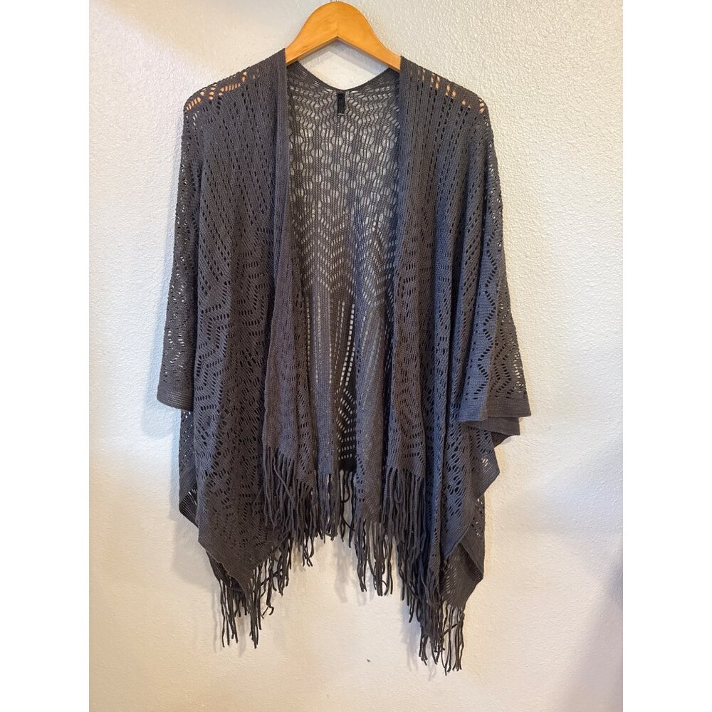 Britt's Knits Ruana Knit Wrap Women‎ OS Charcoal Grey Fringe Boho Kimono